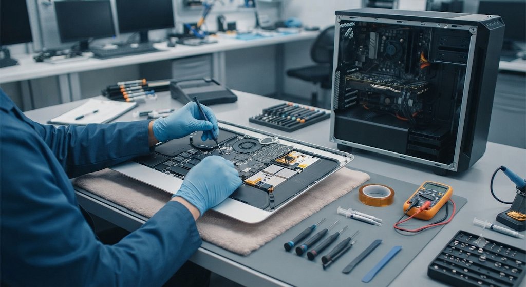 Technician performing desktop and laptop hardware repair