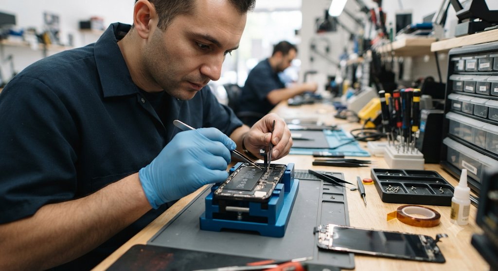 Technician performing precision screen repair